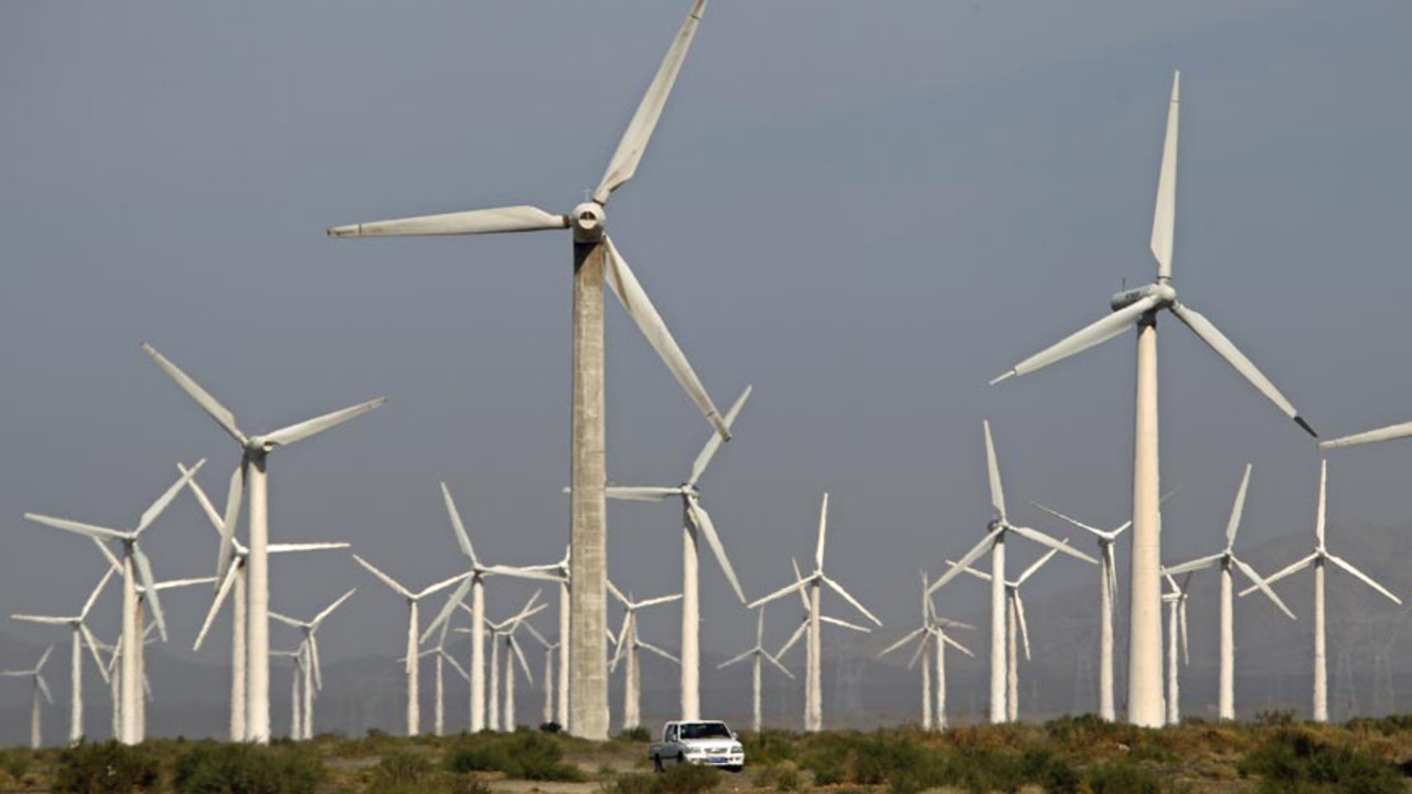 Wind turbines and solar panels.